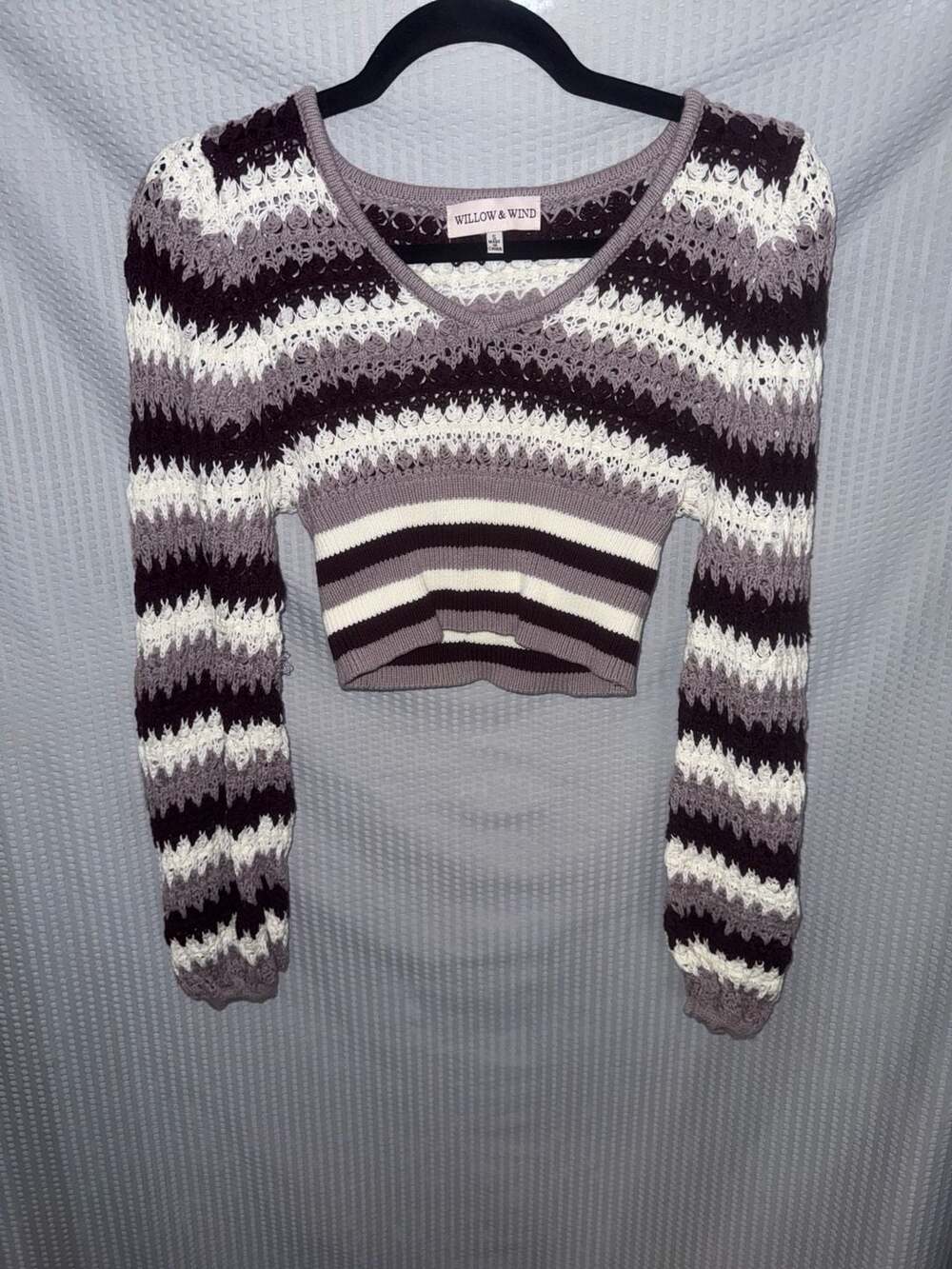 Willow & Wind Striped Crochet Long Sleeve Crop Top Size S